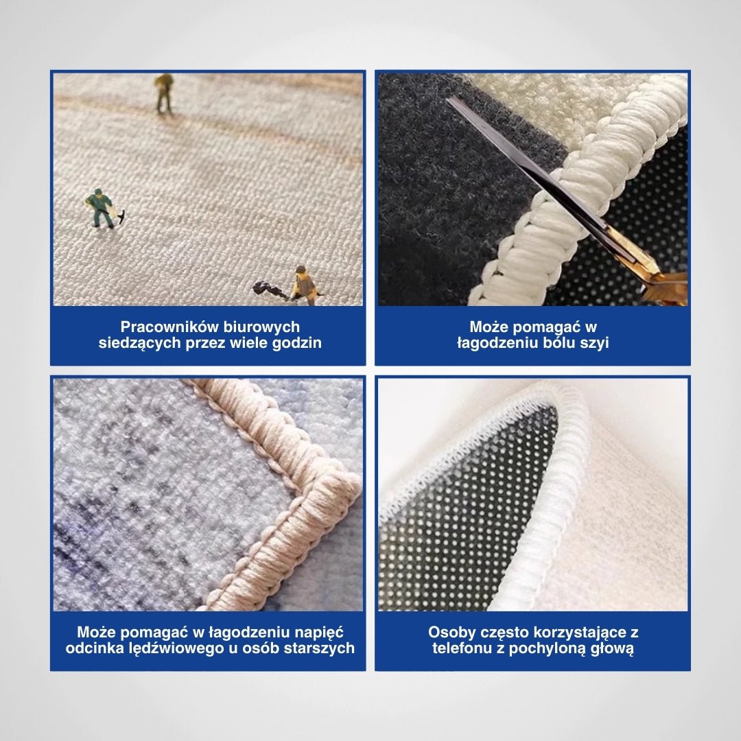 Diagram 4 zbliżeń dywanu – szczegóły jakości materiałów.