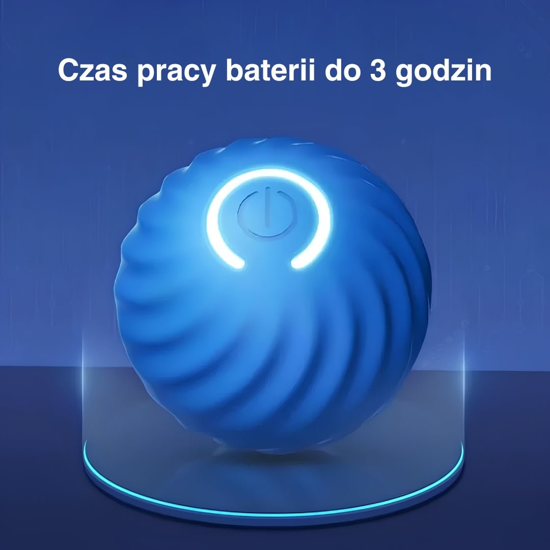 Niebieska interaktywna piłka na niebieskim tle.