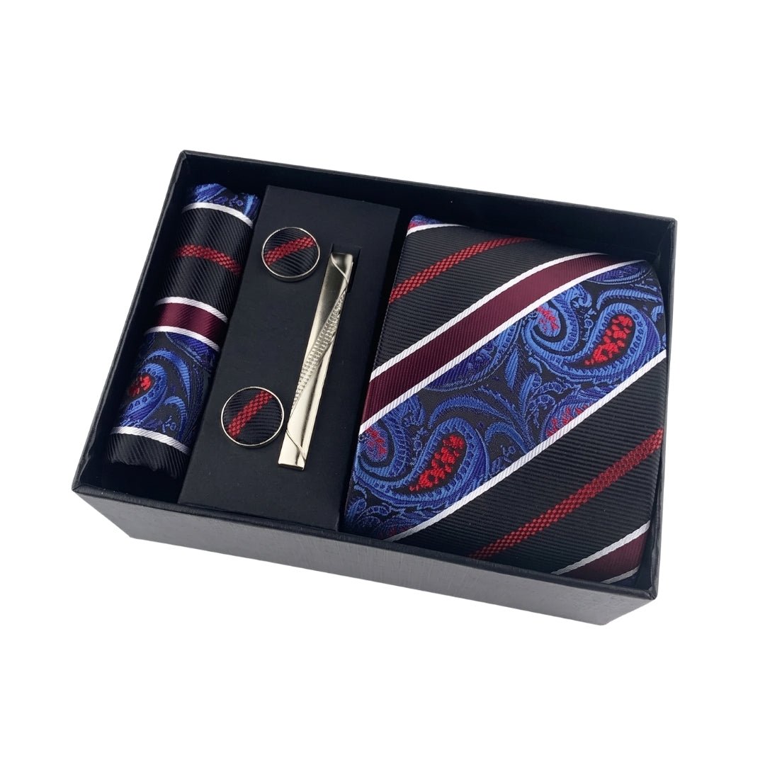 Elegancki Zestaw Upominkowy z Krawatem Paisley, Poszetką i Spinkami do Mankietów dla Mężczyzn 2