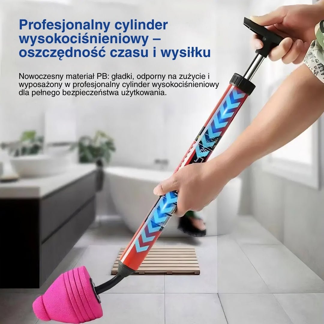 Osoba używająca wysokociśnieniowej przepychaczki do toalety z ergonomiczną rączką w kuchennym tle.