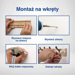 Infografika: montaż drewnianego wieszaka z regulowanymi haczykami.