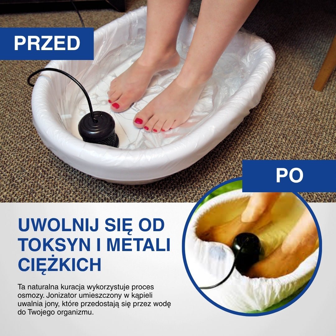 Obraz pokazujący osobę korzystającą z jonowej kąpieli do stóp i usuwanie zanieczyszczeń.