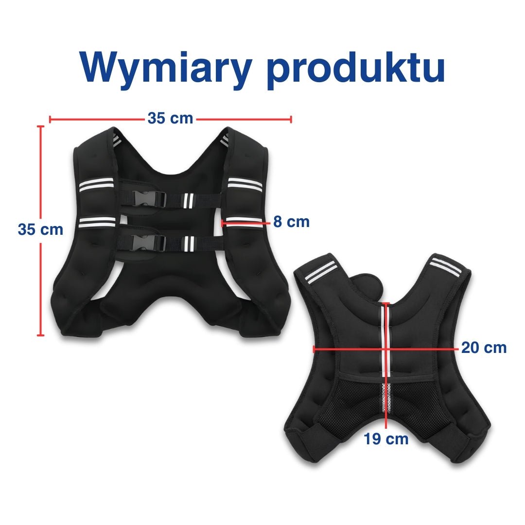 Przód i tył regulowanej kamizelki obciążeniowej z wymiarami na białym tle.