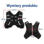 Przód i tył regulowanej kamizelki obciążeniowej z wymiarami na białym tle.