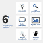 Infografika z 6 kluczowymi cechami i zaletami składanej lupy LED.