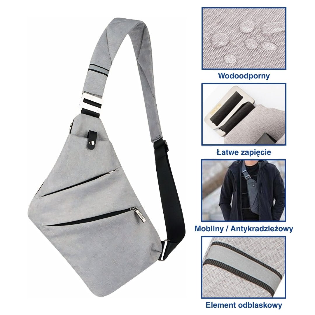 Szara antykradzieżowa torba na ramię unisex z regulowanym paskiem + 4 grafiki z cechami i zaletami.