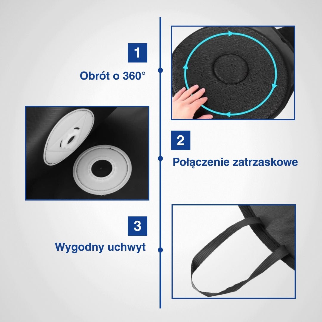 Schemat: 3 zbliżenia czarnej poduszki obrotowej 360° na białym tle