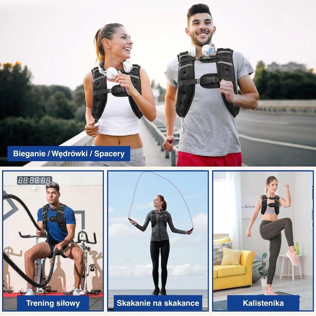 Mężczyzna biegnący w regulowanej kamizelce obciążeniowej.