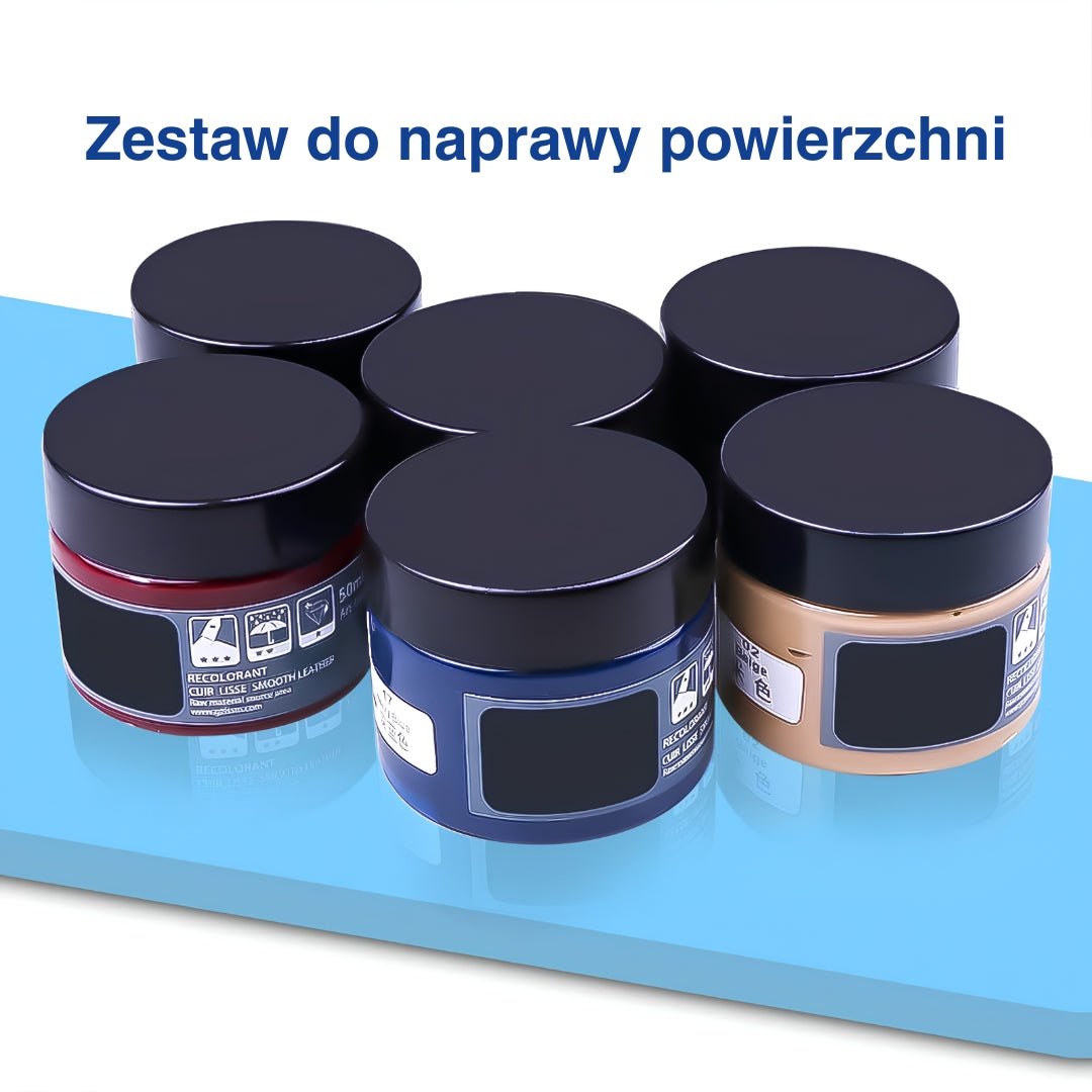 Sześć wariantów żelu do naprawy skóry na niebieskiej powierzchni z tekstem u góry.