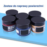 Sześć wariantów żelu do naprawy skóry na niebieskiej powierzchni z tekstem u góry.