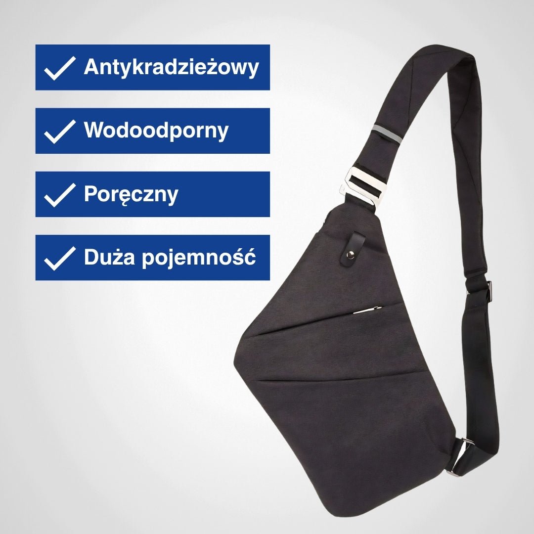 Infografika: 4 kluczowe zalety czarnej antykradzieżowej torby na ramię unisex z regulowanym paskiem.