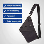 Infografika: 4 kluczowe zalety czarnej antykradzieżowej torby na ramię unisex z regulowanym paskiem.