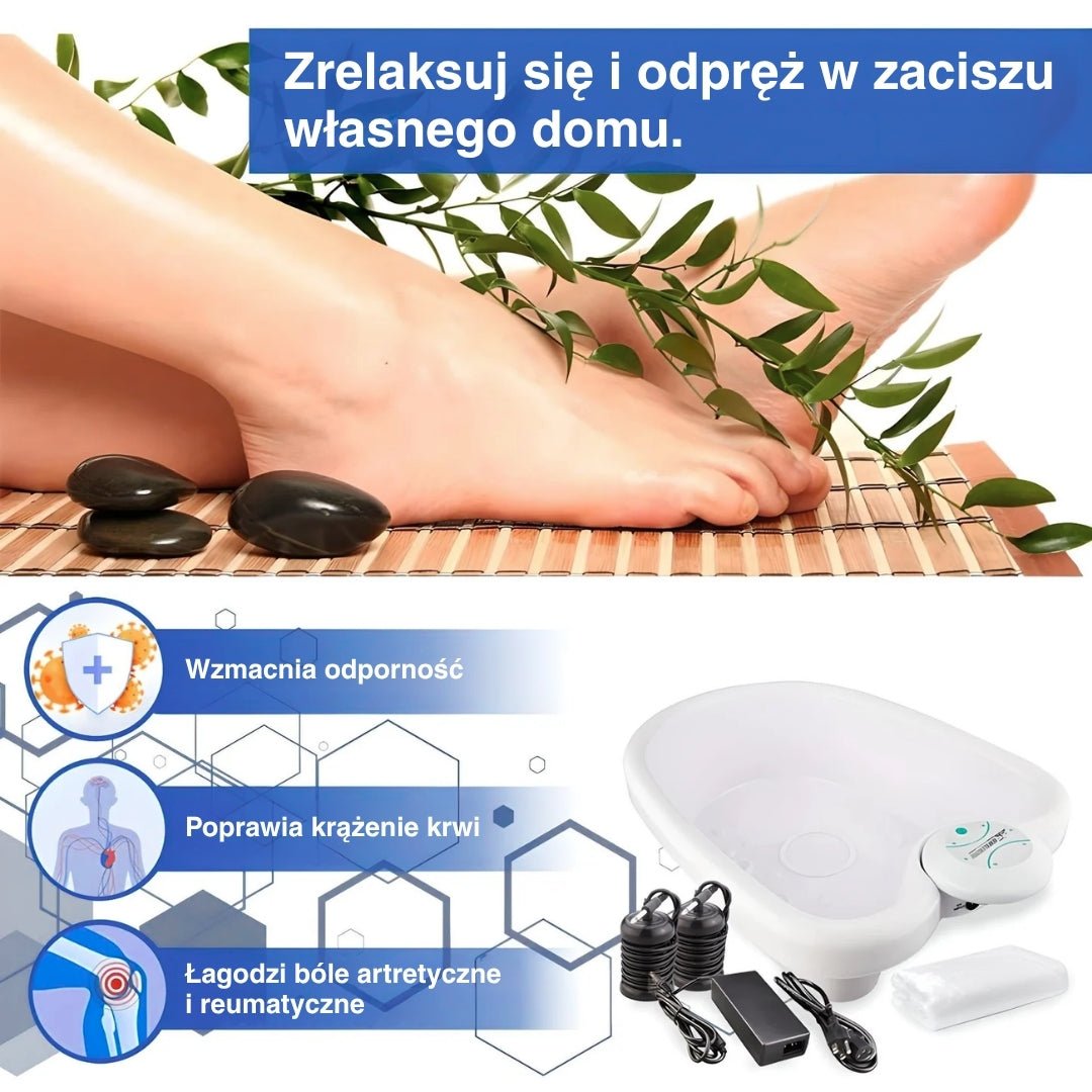 Diagram pokazujący stopy oraz funkcje i korzyści jonowej kąpieli do stóp.