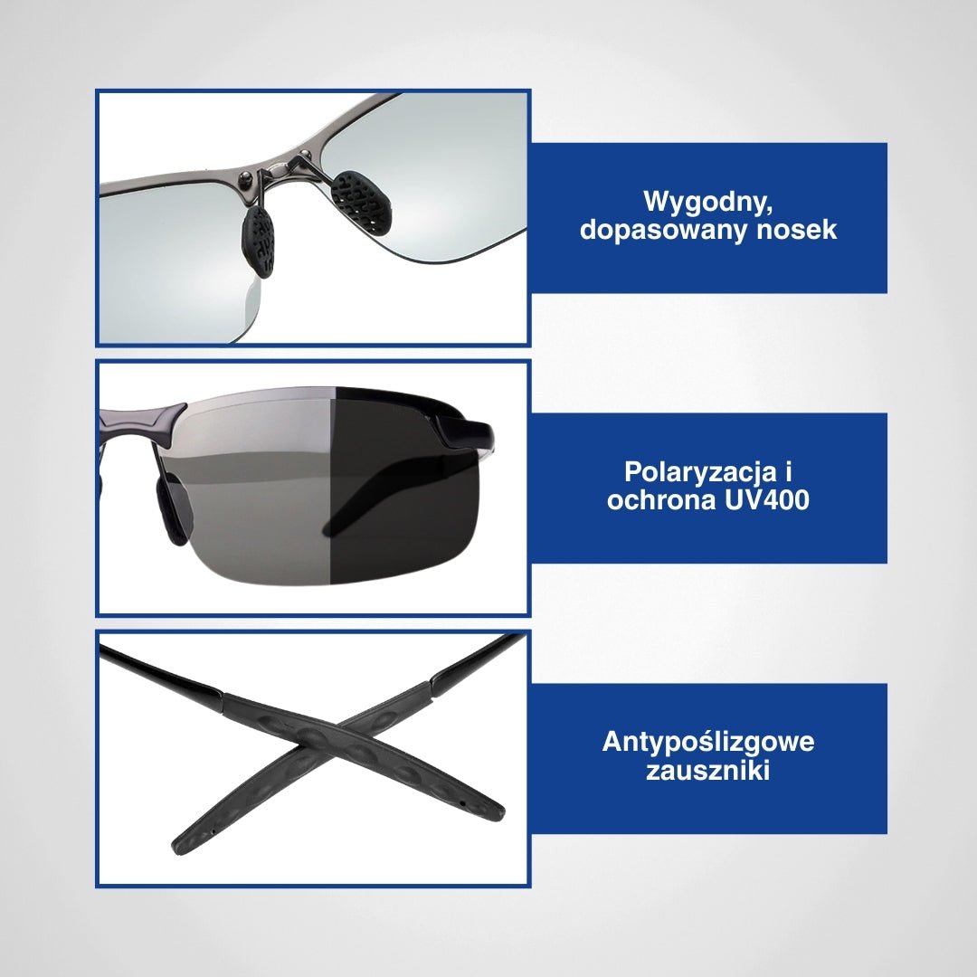 Schemat zbliżeń soczewek i oprawki produktu na białym tle.