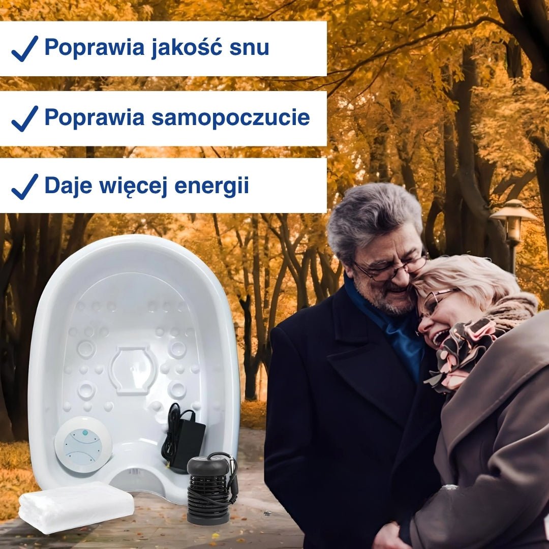 Infografika przedstawiająca starszą parę w jesiennej scenerii z cechami jonowej kąpieli do stóp.