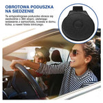 Infografika: dwie osoby w aucie i czarna poduszka obrotowa 360°