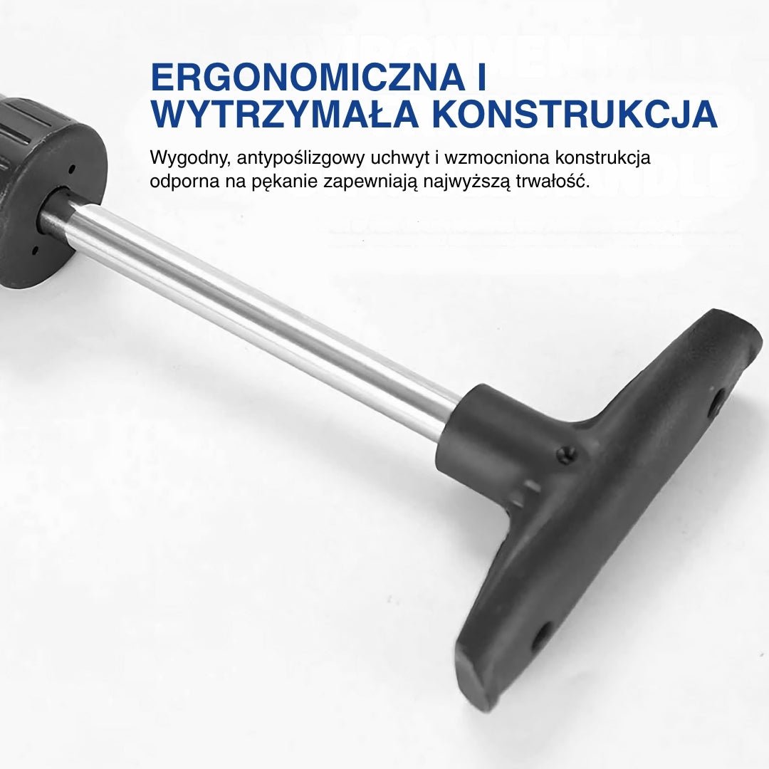 Zbliżenie na rączkę wysokociśnieniowej przepychaczki do toalety na białym tle.