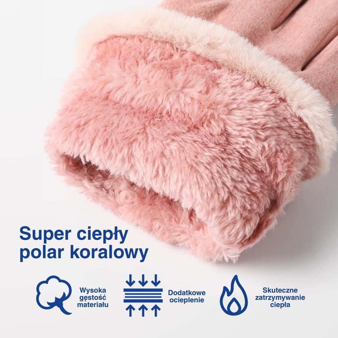 Zbliżenie futerka podgrzewanej rękawicy z opisem funkcji.