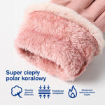 Zbliżenie futerka podgrzewanej rękawicy z opisem funkcji.