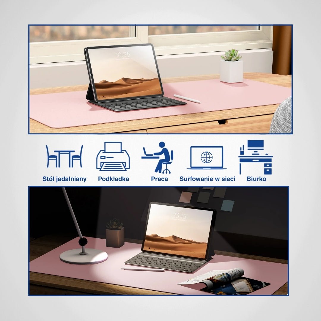 Diagram tabletu na różowej macie na biurko przy oknie z ikonami funkcji maty.