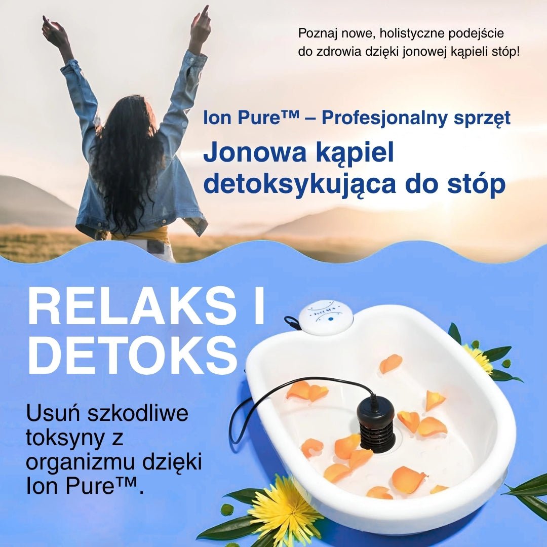 Diagram pokazujący osobę o wschodzie słońca z jonową kąpielą do stóp.