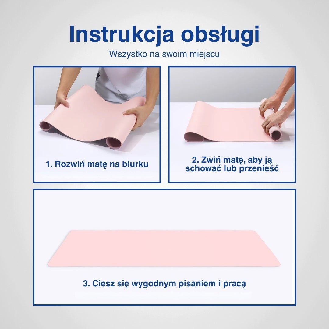 Diagram pokazujący rozwijanie różowej maty na biurko.
