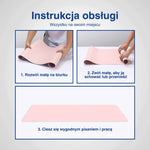 Diagram pokazujący rozwijanie różowej maty na biurko.