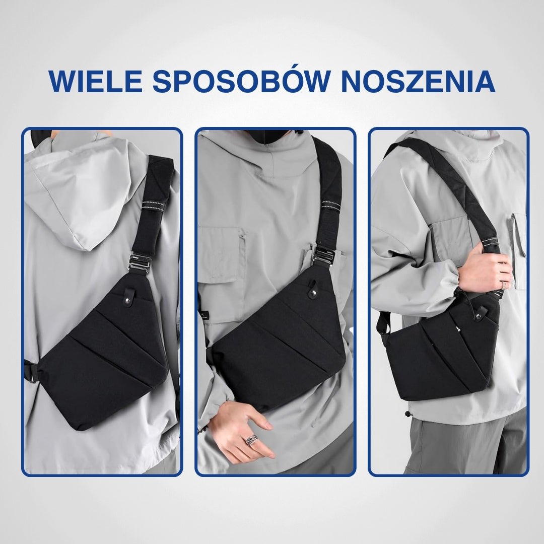 Kolaż 3 zdjęć: osoba nosząca czarną antykradzieżową torbę na ramię unisex.