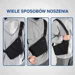 Kolaż 3 zdjęć: osoba nosząca czarną antykradzieżową torbę na ramię unisex.