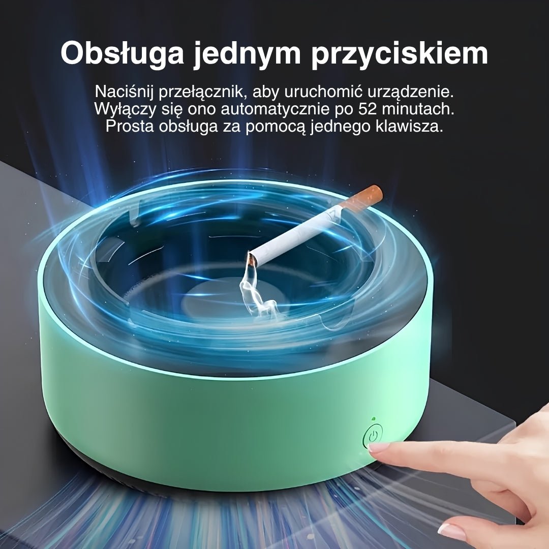 Zielona bezdymna popielniczka dotykana dłonią