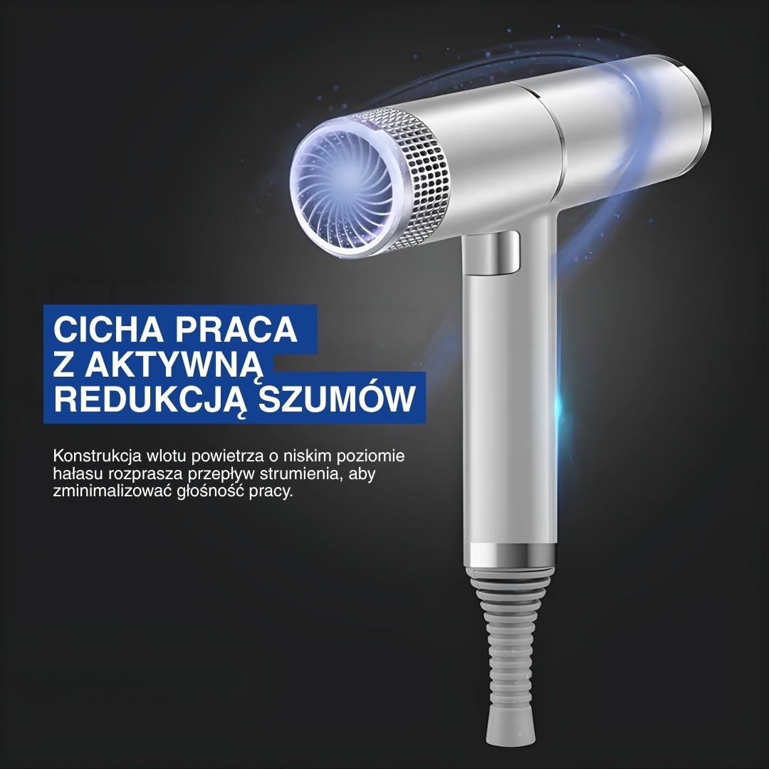 Infografika podkreślająca główną zaletę srebrnej profesjonalnej suszarki na czarnym tle.