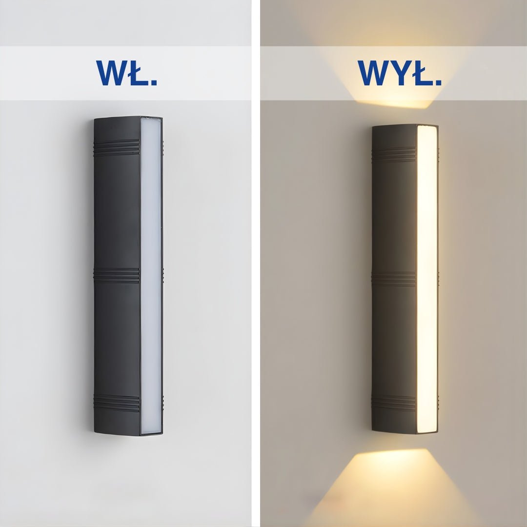 Porównanie nowoczesnej zewnętrznej lampy LED włączonej i wyłączonej.
