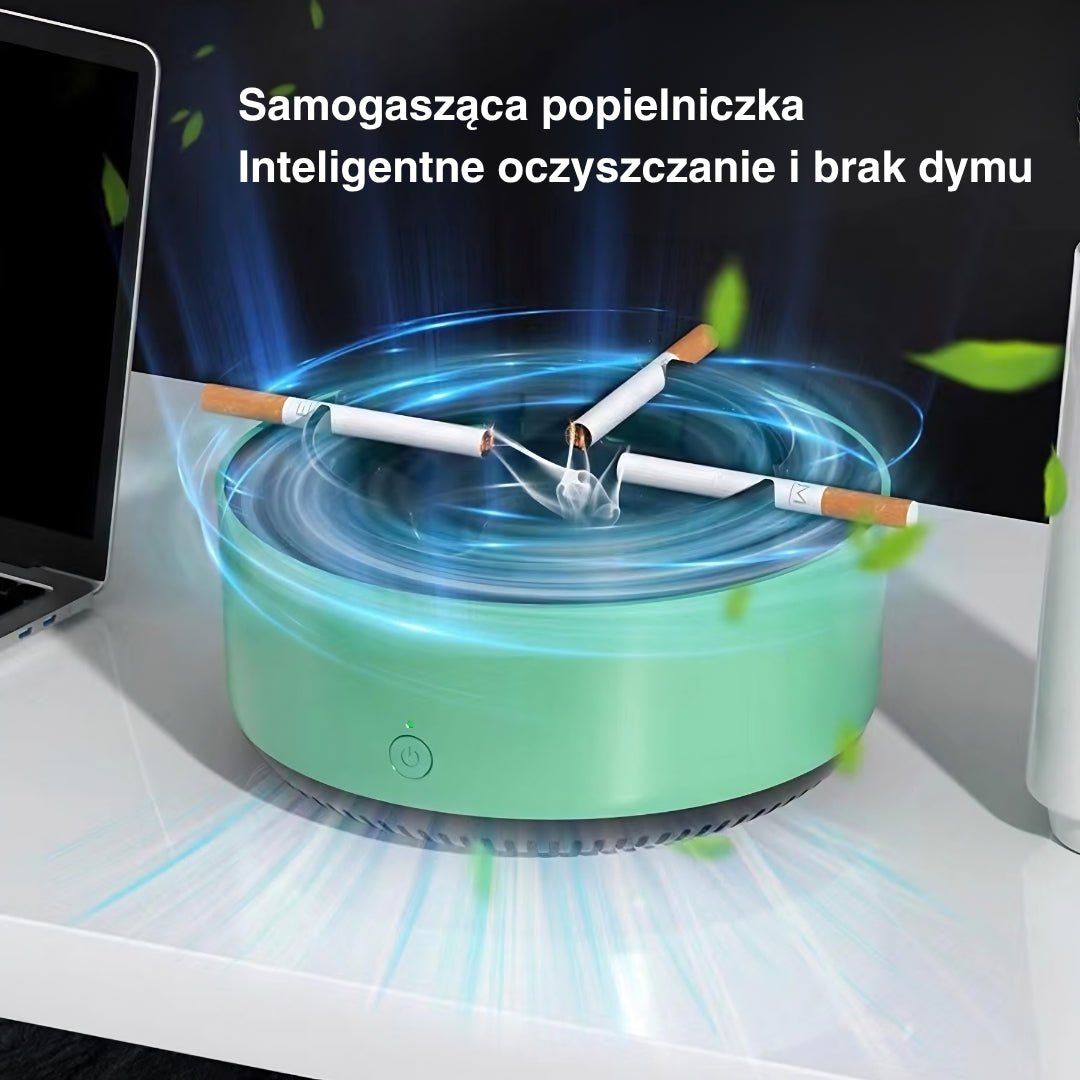Zielona bezdymna popielniczka z trzema papierosami na biurku