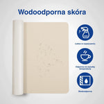 Infografika beżowej maty na biurko z ikonami pokazującymi jej zalety.