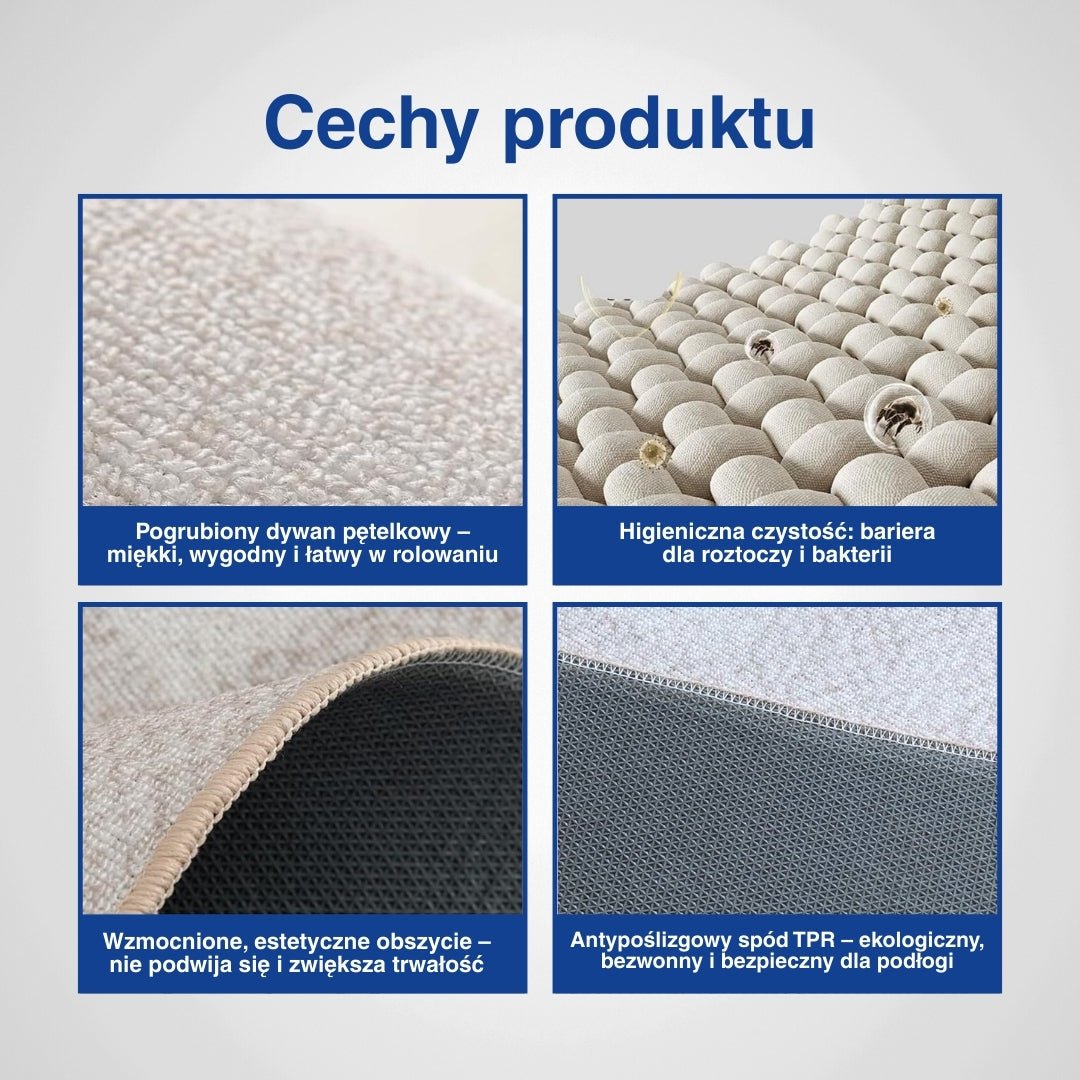 Diagram z 4 zbliżeniami białego dywanu – zalety materiałów.