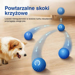 Niebieska piłka odbijająca się na drewnianej podłodze, pies po lewej.