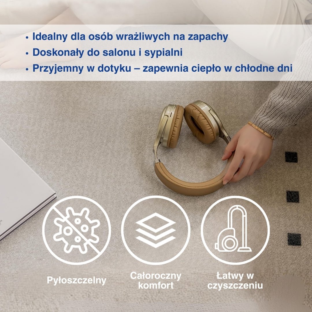 Infografika – osoba kładzie złote słuchawki na dywanie, ikony pokazują korzyści.