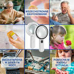 Kolaż przedstawiający różne zastosowania lupy z oświetleniem LED.