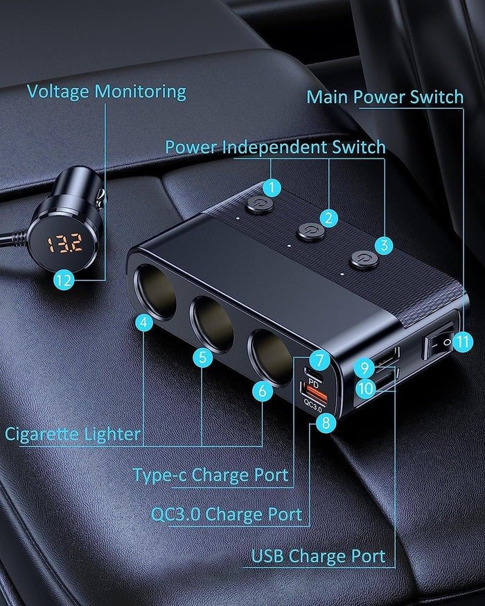 Adapter do Zapalniczki Samochodowej 7 w 1 – 3 Gniazda i 4 Porty USB do Pojazdów 12V i 24V 7