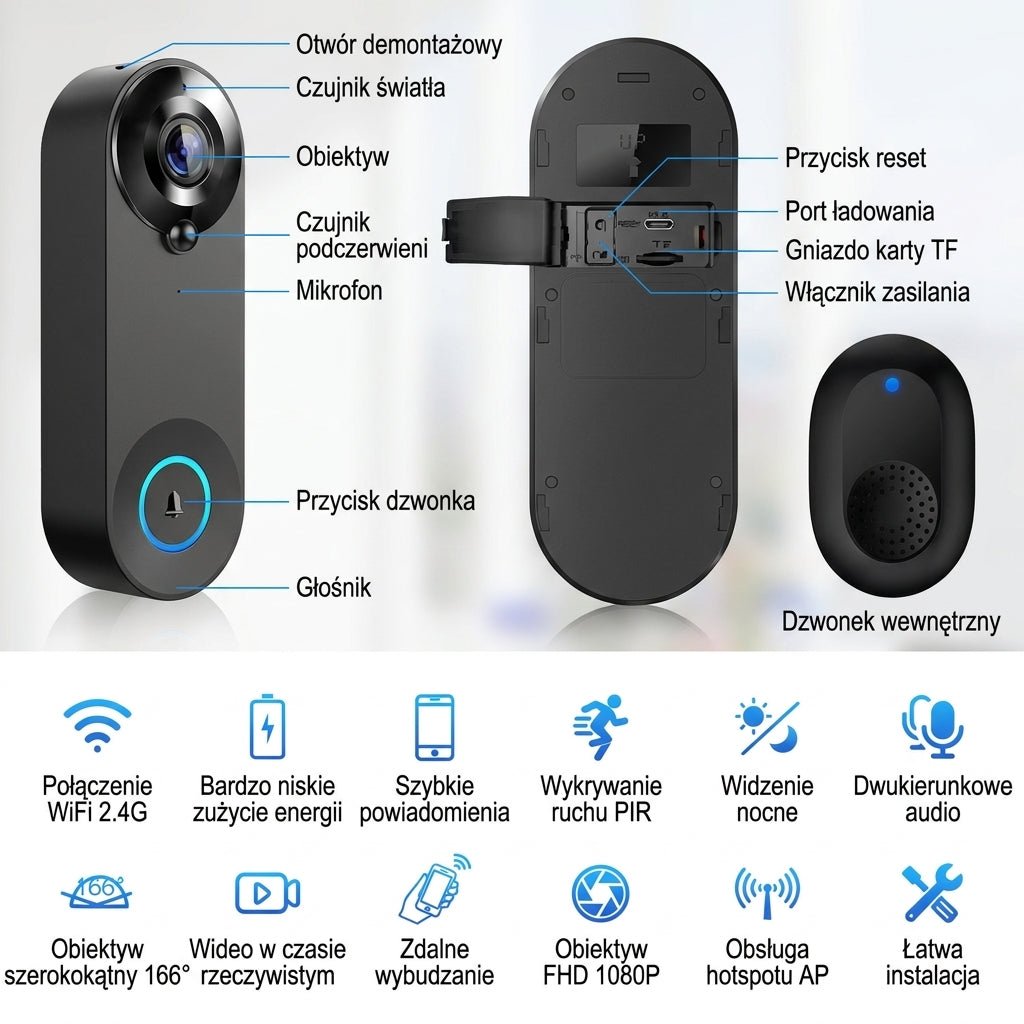 Dzwonek Wideo Bezprzewodowy Wi-Fi HD 1080P z Dwustronną Komunikacją i Baterią 4400 mAh 3