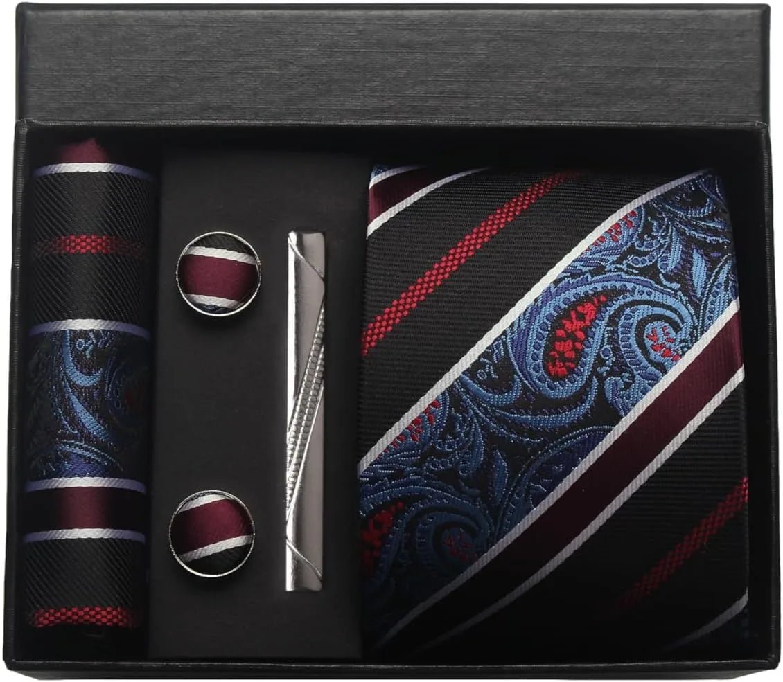 Elegancki Zestaw Upominkowy z Krawatem Paisley, Poszetką i Spinkami do Mankietów dla Mężczyzn 1