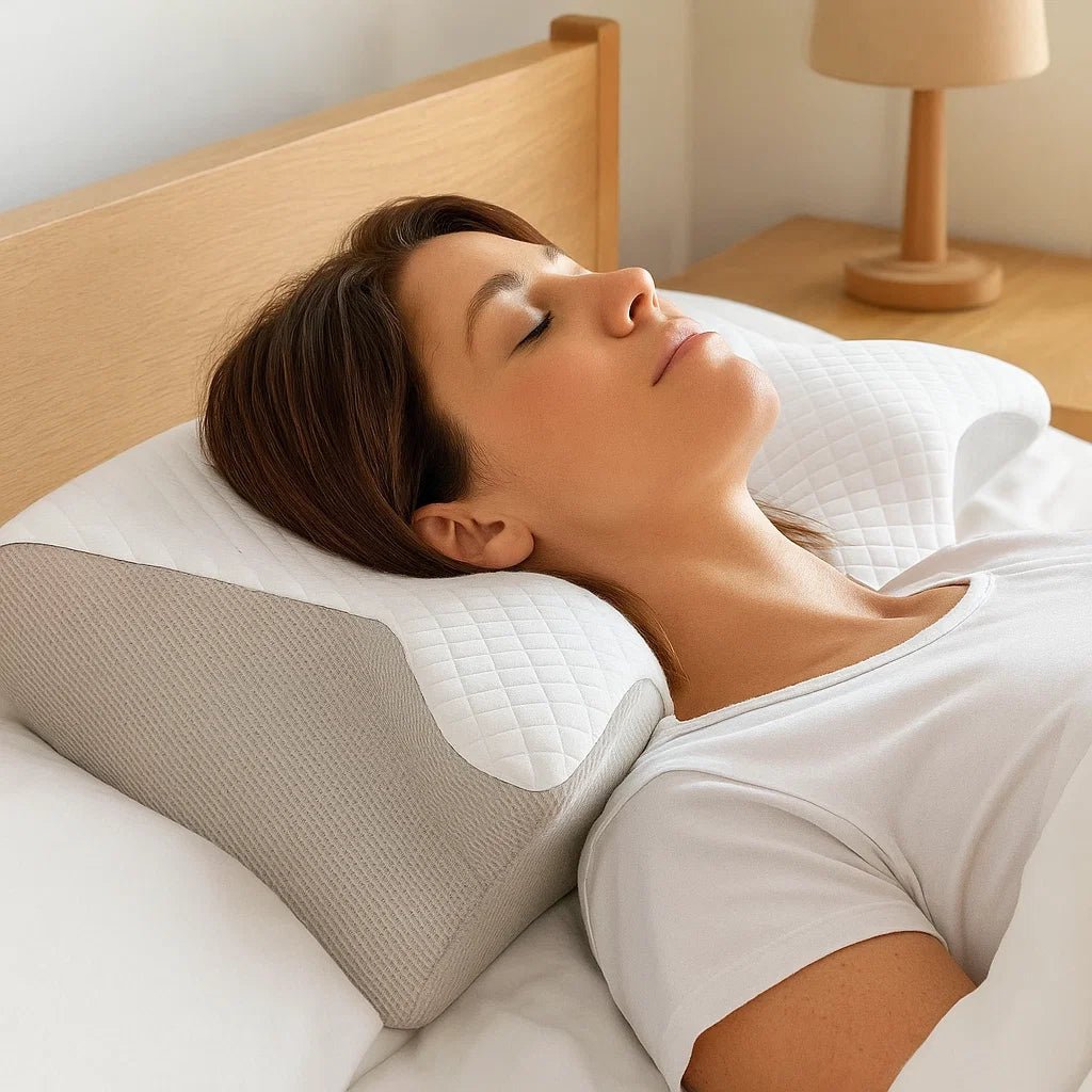 Brunetka śpiąca na szaro-białej poduszce ergonomicznej.