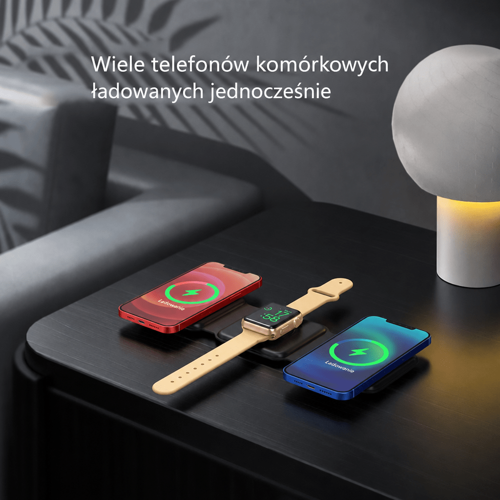 Ładowarka Indukcyjna 3 w 1 do iPhone – Szybkie Ładowanie Smartfona, Smartwatcha i Słuchawek