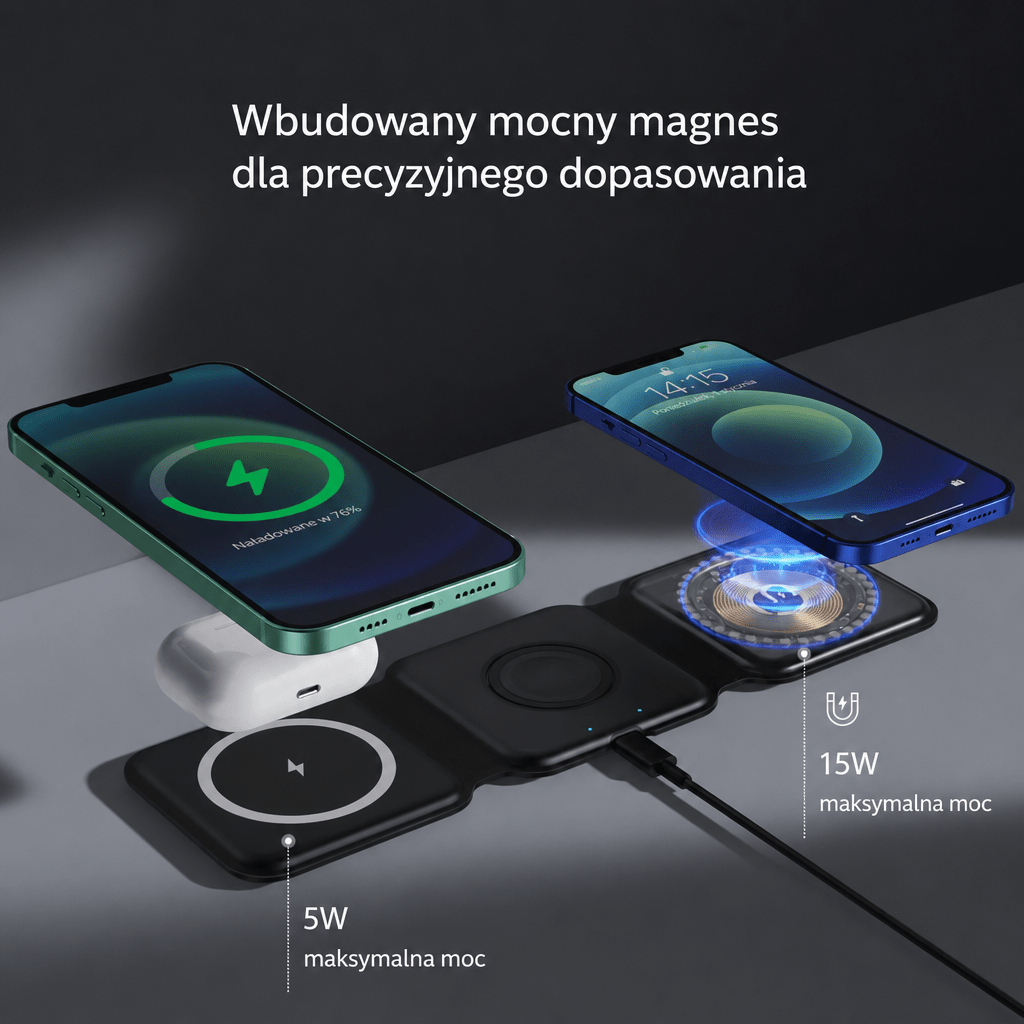 Ładowarka Indukcyjna 3 w 1 do iPhone – Szybkie Ładowanie Smartfona, Smartwatcha i Słuchawek