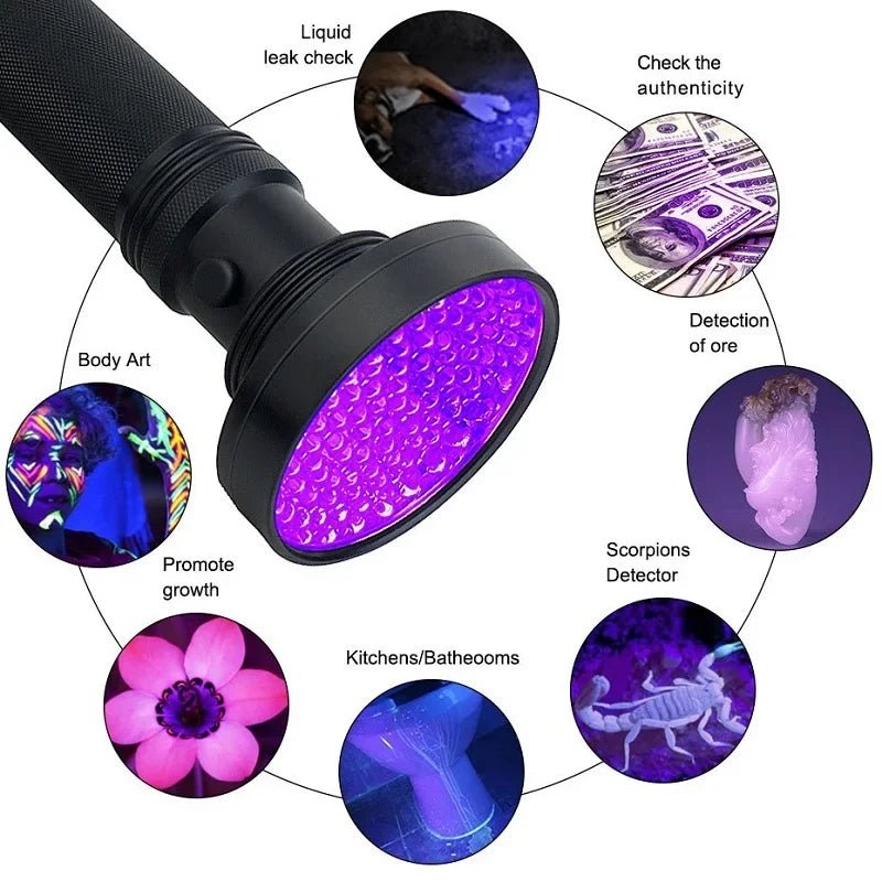 Latarka UV 100 Diod LED do Wykrywania Pluskiew i Plam – Zasięg 50 Stóp, Wodoodporna 3