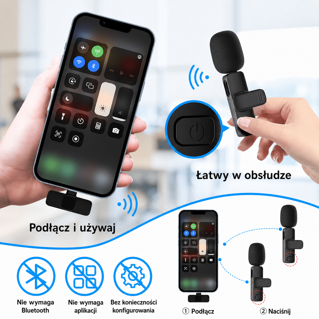 Mikrofon Bezprzewodowy do Telefonu – 2-Pak z Redukcją Szumów i Synchronizacją dla iPhone i iPad