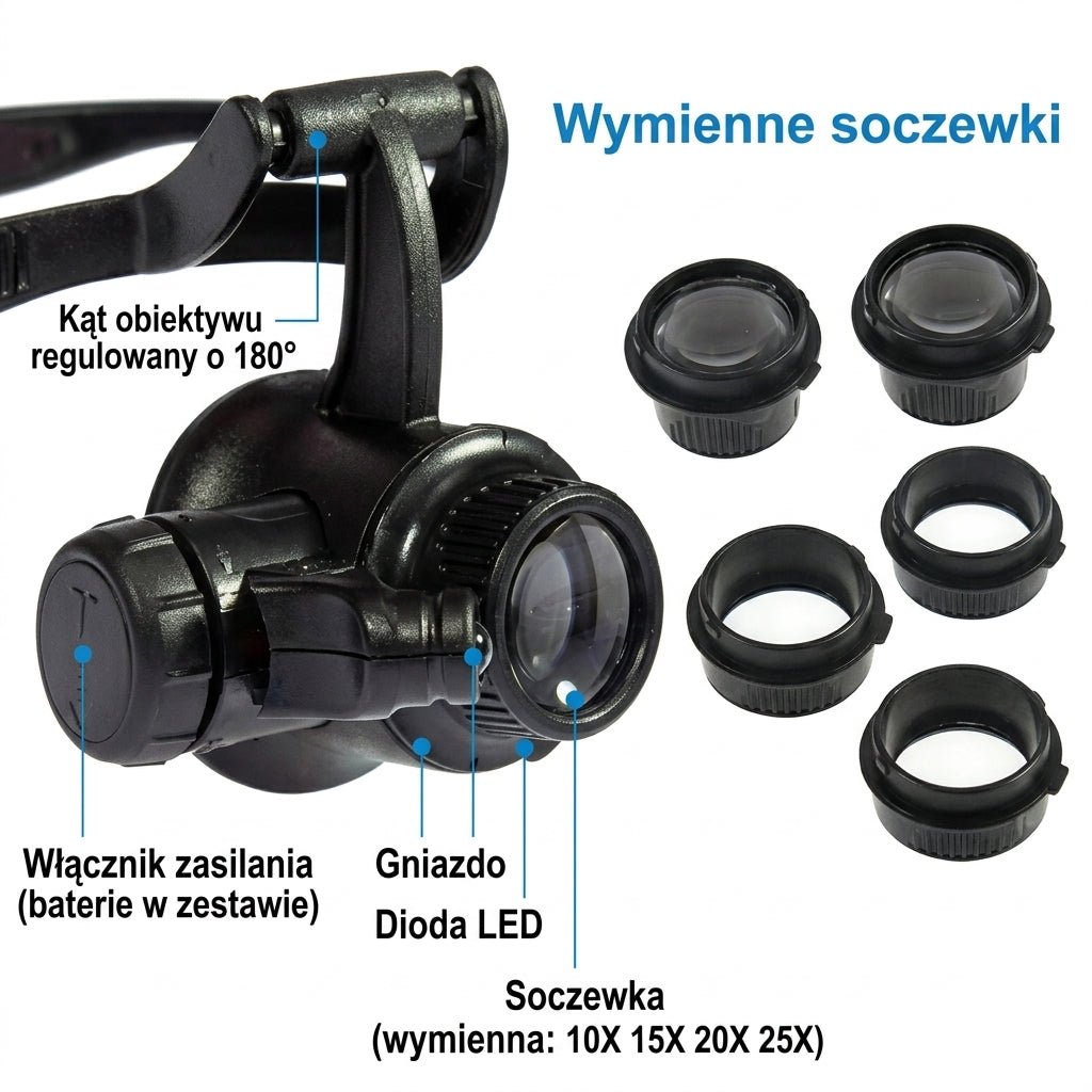 Okulary Powiększające 10X-25X z LED – Wymienne Soczewki do Precyzyjnych Prac 7