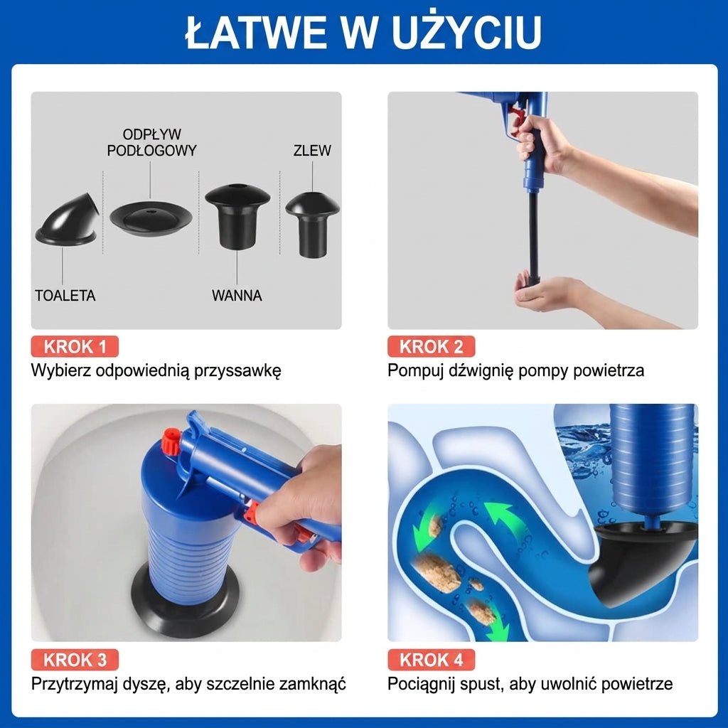 Pistolet Pneumatyczny do Usuwania Zatorów – Zestaw z 4 Przyssawkami do Toalet i Umywalek 6