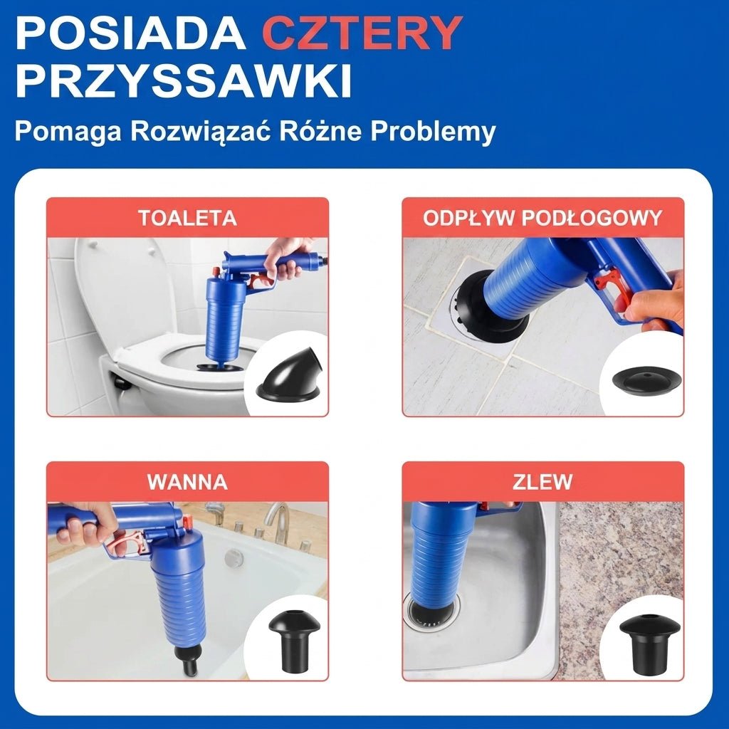 Pistolet Pneumatyczny do Usuwania Zatorów – Zestaw z 4 Przyssawkami do Toalet i Umywalek 12