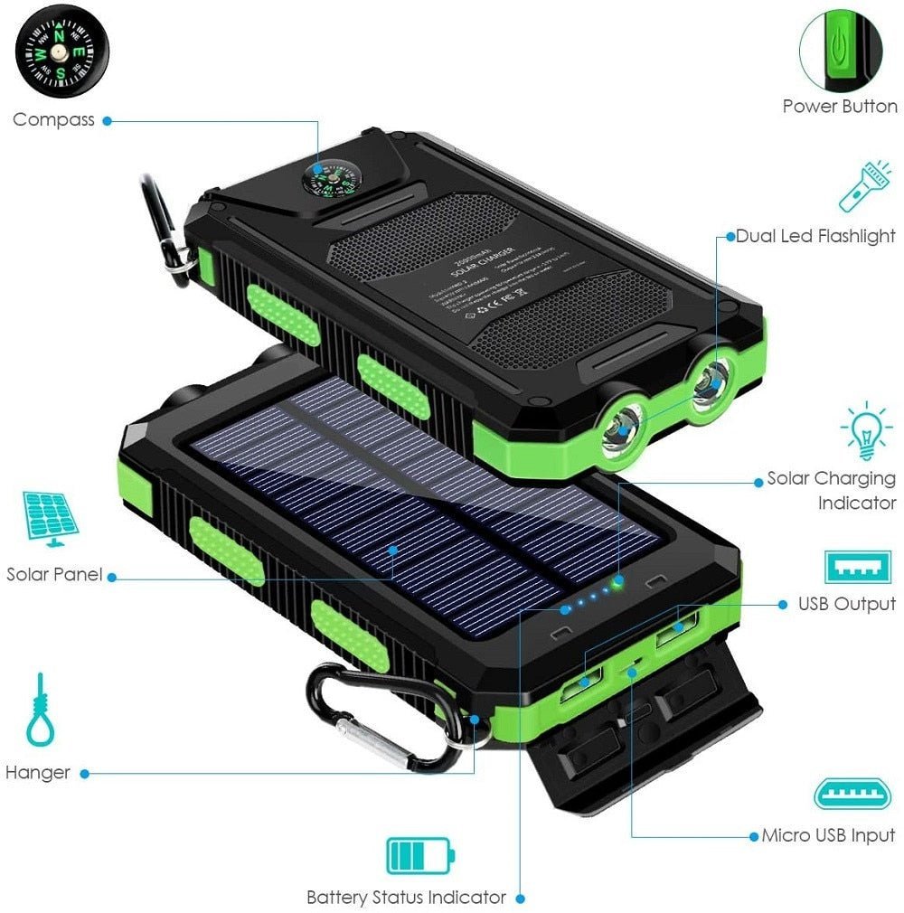 Przenośny Bank Energii Słonecznej 10000 mAh z Latarką i Kompasem – Idealny do Smartfonów 3